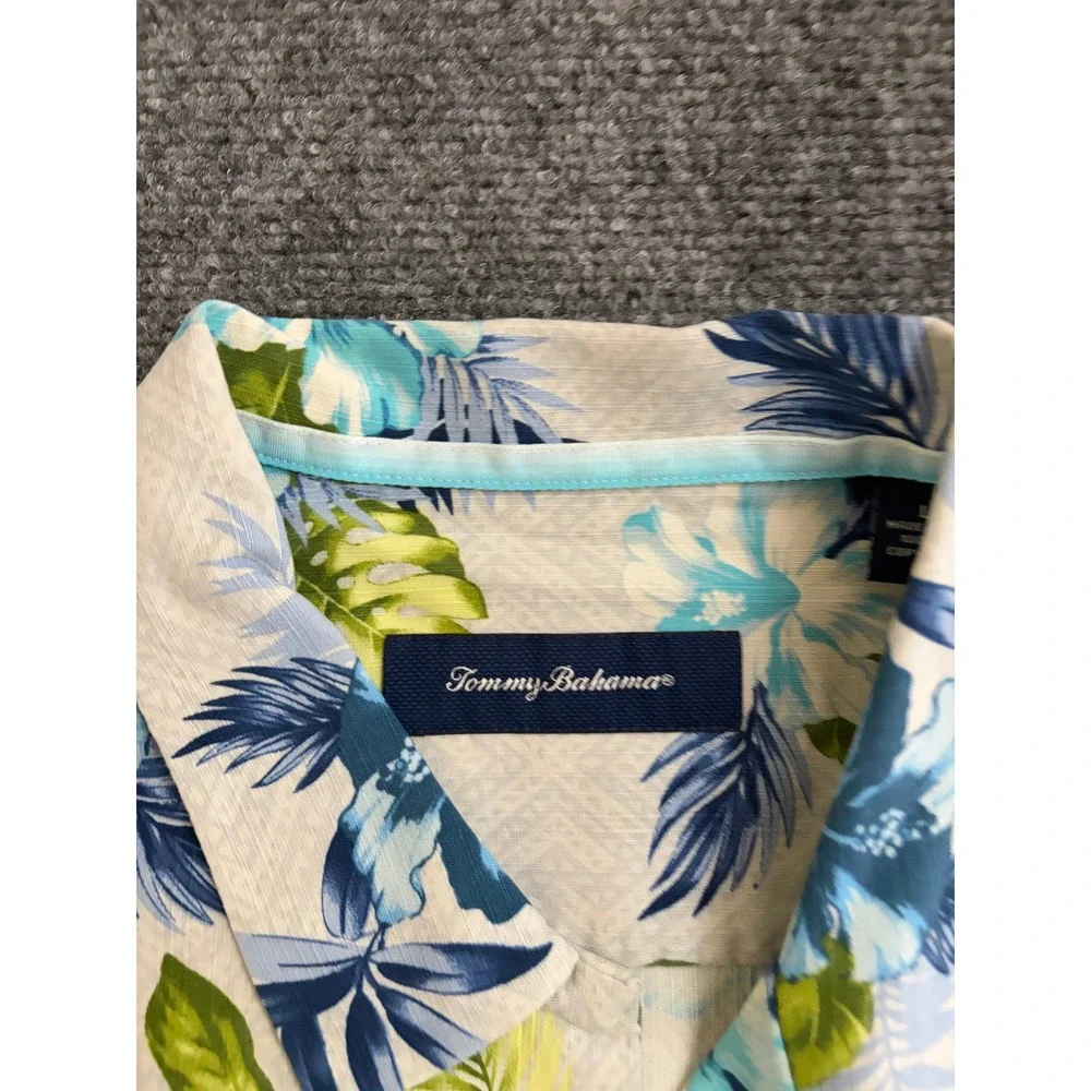 Tommy Bahama Mens Large Silk Floral Camp Shirt Blue Green Hibiscus Tropical L